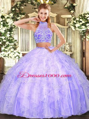 Halter Top Sleeveless Tulle Quince Ball Gowns Beading and Ruffles Criss Cross