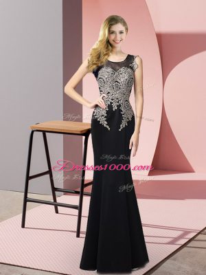 Sleeveless Elastic Woven Satin Floor Length Side Zipper Party Dress in Black with Appliques