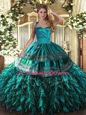 Luxurious Turquoise Ball Gowns Embroidery and Ruffles Quince Ball Gowns Lace Up Organza Sleeveless Floor Length