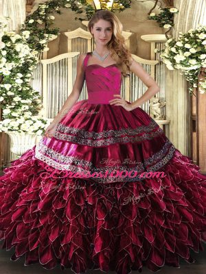 Smart Sleeveless Organza Floor Length Lace Up Sweet 16 Dress in Wine Red with Embroidery and Ruffles