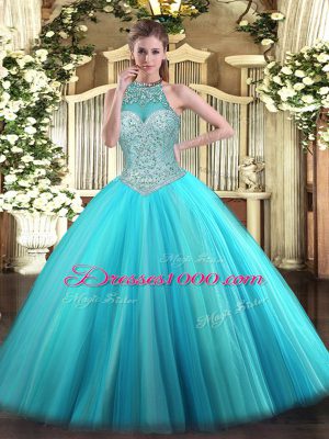 Latest Tulle Halter Top Sleeveless Lace Up Beading Sweet 16 Quinceanera Dress in Aqua Blue