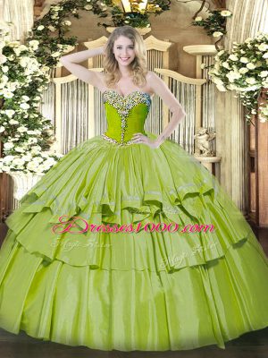 Cheap Olive Green Sleeveless Floor Length Beading and Ruffled Layers Lace Up 15th Birthday Dress