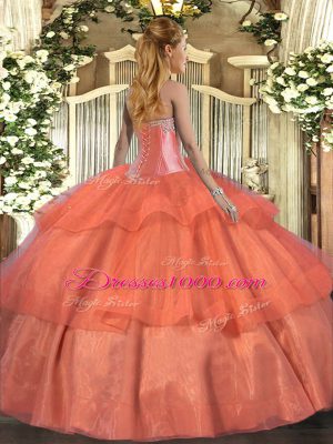 Popular Hot Pink Tulle Lace Up Sweetheart Sleeveless Floor Length Sweet 16 Quinceanera Dress Beading and Ruffled Layers