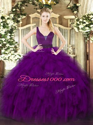Purple Sleeveless Organza Zipper Quinceanera Dress for Military Ball and Sweet 16 and Quinceanera