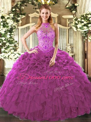 Stunning Fuchsia Organza Lace Up Halter Top Sleeveless Floor Length Quinceanera Dress Embroidery and Ruffles