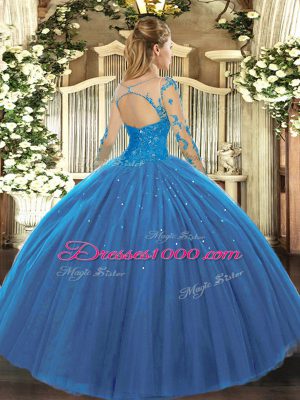 Stylish Tulle Scoop Long Sleeves Lace Up Lace Sweet 16 Quinceanera Dress in Hot Pink