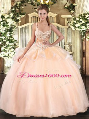 Amazing Peach Ball Gowns Beading Quince Ball Gowns Lace Up Organza Sleeveless Floor Length
