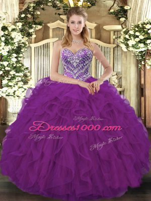 Trendy Fuchsia Lace Up Sweetheart Beading and Ruffled Layers Sweet 16 Quinceanera Dress Tulle Sleeveless