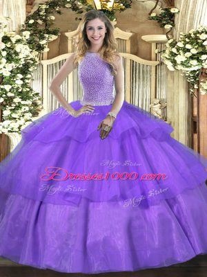 Floor Length Lavender Sweet 16 Quinceanera Dress High-neck Sleeveless Lace Up