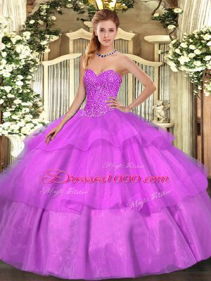 Custom Fit Lilac Ball Gown Prom Dress Military Ball and Sweet 16 and Quinceanera with Beading and Ruffled Layers Sweetheart Sleeveless Lace Up