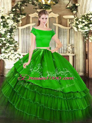 On Sale Two Pieces Quinceanera Gowns Green Off The Shoulder Organza and Taffeta Short Sleeves Floor Length Zipper