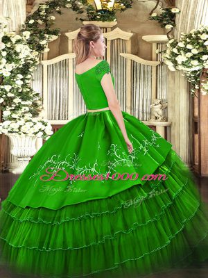 On Sale Two Pieces Quinceanera Gowns Green Off The Shoulder Organza and Taffeta Short Sleeves Floor Length Zipper