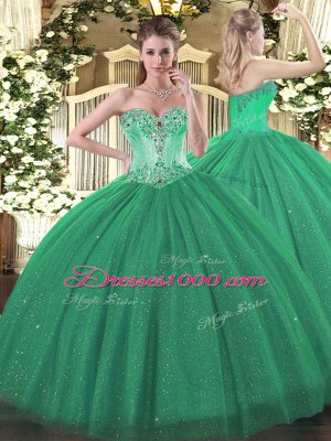 Turquoise Lace Up Sweetheart Beading Sweet 16 Quinceanera Dress Tulle and Sequined Sleeveless