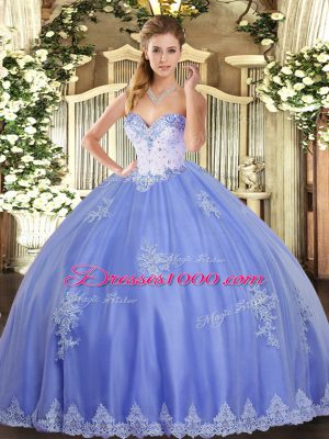 Eye-catching Blue Tulle Lace Up Vestidos de Quinceanera Sleeveless Floor Length Beading and Appliques