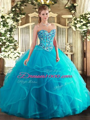 Aqua Blue Sleeveless Embroidery and Ruffles Floor Length 15 Quinceanera Dress