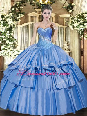 Baby Blue Organza and Taffeta Lace Up 15 Quinceanera Dress Sleeveless Floor Length Beading and Ruffles