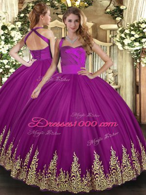 Free and Easy Tulle Halter Top Sleeveless Lace Up Appliques Ball Gown Prom Dress in Fuchsia