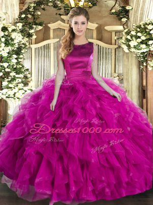Tulle Scoop Sleeveless Lace Up Ruffles Quince Ball Gowns in Fuchsia