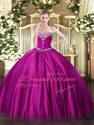 Customized Floor Length Lace Up Quinceanera Dress Fuchsia for Military Ball and Sweet 16 and Quinceanera with Beading