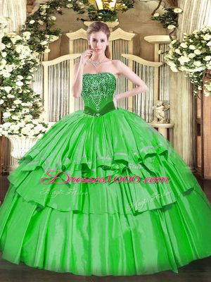 Floor Length Lace Up Sweet 16 Dress Green for Military Ball and Sweet 16 and Quinceanera with Beading and Ruffled Layers