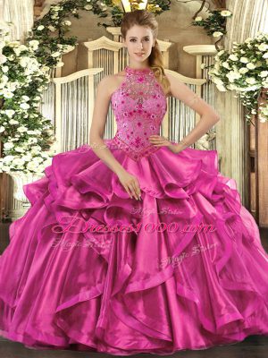 Floor Length Lace Up Quinceanera Gown Fuchsia for Sweet 16 and Quinceanera with Beading and Embroidery and Ruffles