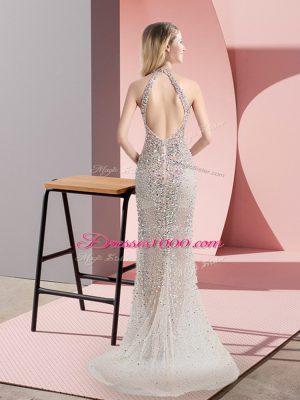Customized Champagne Party Dresses Tulle Sweep Train Sleeveless Beading