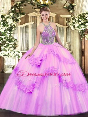 Admirable Lilac Lace Up Halter Top Beading and Appliques Ball Gown Prom Dress Tulle Sleeveless