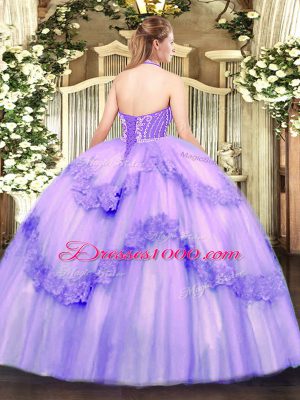 Admirable Lilac Lace Up Halter Top Beading and Appliques Ball Gown Prom Dress Tulle Sleeveless