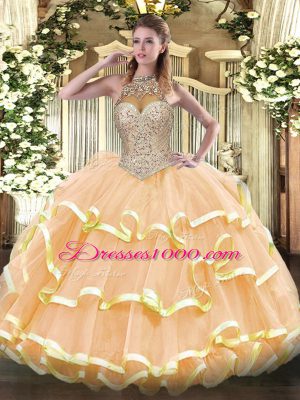 Trendy Floor Length Lace Up Ball Gown Prom Dress Peach for Military Ball and Sweet 16 and Quinceanera with Beading and Ruffled Layers