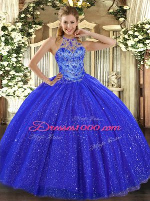 Royal Blue Tulle and Sequined Lace Up Ball Gown Prom Dress Sleeveless Floor Length Beading and Embroidery