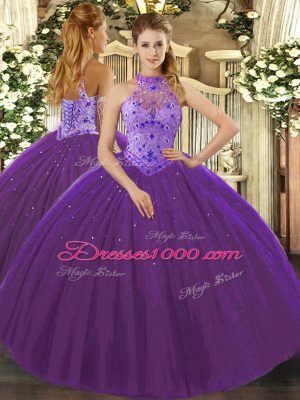 High Quality Ball Gowns Quinceanera Dresses Purple Halter Top Tulle Sleeveless Floor Length Lace Up