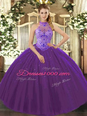 High Quality Ball Gowns Quinceanera Dresses Purple Halter Top Tulle Sleeveless Floor Length Lace Up