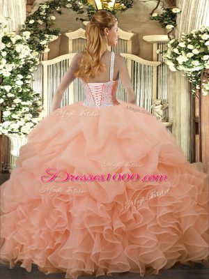 Admirable Watermelon Red Ball Gowns High-neck Sleeveless Organza Floor Length Lace Up Beading and Ruffles and Pick Ups Sweet 16 Quinceanera Dress