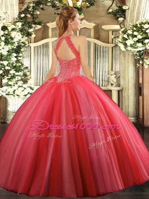 High-neck Sleeveless 15th Birthday Dress Floor Length Beading Fuchsia Tulle