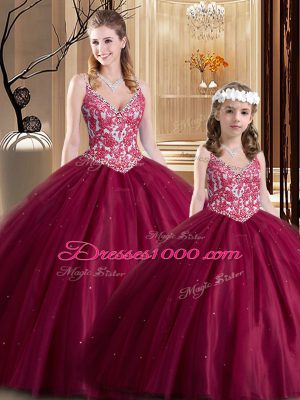 Classical Wine Red Sleeveless Lace Floor Length Quinceanera Gowns