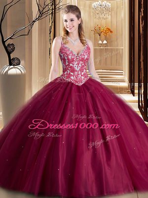 Classical Wine Red Sleeveless Lace Floor Length Quinceanera Gowns