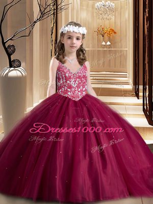 Classical Wine Red Sleeveless Lace Floor Length Quinceanera Gowns