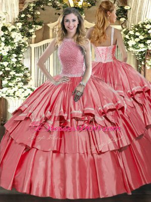 Elegant Coral Red Sleeveless Beading and Ruffled Layers Floor Length Quince Ball Gowns