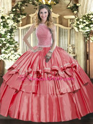 Elegant Coral Red Sleeveless Beading and Ruffled Layers Floor Length Quince Ball Gowns