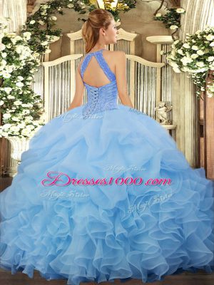 Halter Top Sleeveless Organza Sweet 16 Dress Beading and Ruffles and Pick Ups Lace Up