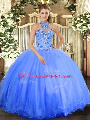 Floor Length Blue Quinceanera Dress Tulle Sleeveless Embroidery