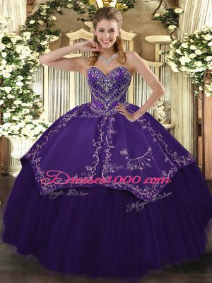 Cute Purple Ball Gowns Sweetheart Sleeveless Taffeta and Tulle Floor Length Lace Up Pattern Quinceanera Dresses