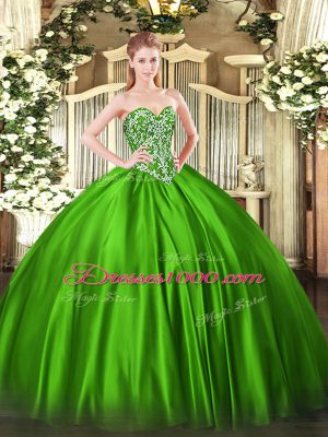 Sleeveless Satin Floor Length Lace Up Sweet 16 Dresses in Green with Beading
