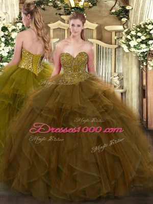 Floor Length Lace Up Quinceanera Gowns Brown for Military Ball and Sweet 16 and Quinceanera with Ruffles