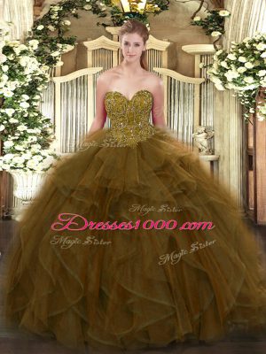 Floor Length Lace Up Quinceanera Gowns Brown for Military Ball and Sweet 16 and Quinceanera with Ruffles