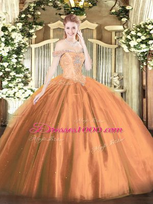 Tulle Off The Shoulder Sleeveless Lace Up Beading Ball Gown Prom Dress in Rust Red