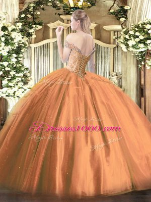 Tulle Off The Shoulder Sleeveless Lace Up Beading Ball Gown Prom Dress in Rust Red