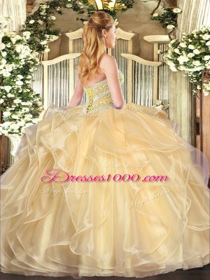 Noble Organza Sweetheart Long Sleeves Lace Up Beading and Ruffles Quinceanera Gown in Champagne
