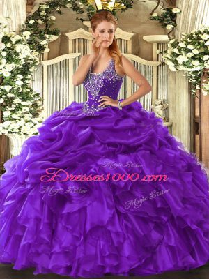 Fashionable Straps Sleeveless Vestidos de Quinceanera Floor Length Beading and Ruffles and Pick Ups Purple Organza