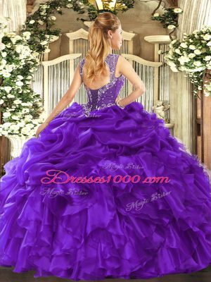 Fashionable Straps Sleeveless Vestidos de Quinceanera Floor Length Beading and Ruffles and Pick Ups Purple Organza